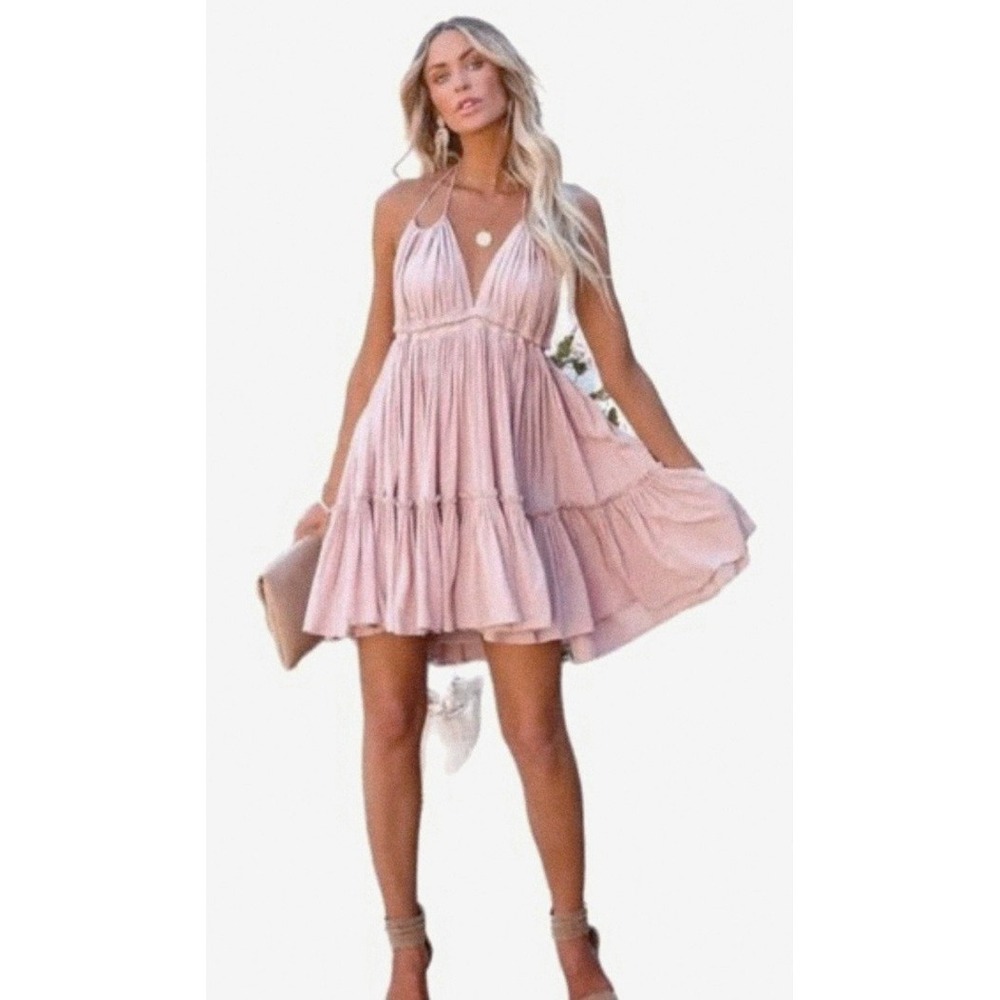 Storia NWT babydoll deep v ruffle Tiered Swing mini dress Fairy‎ Coquette Sz S